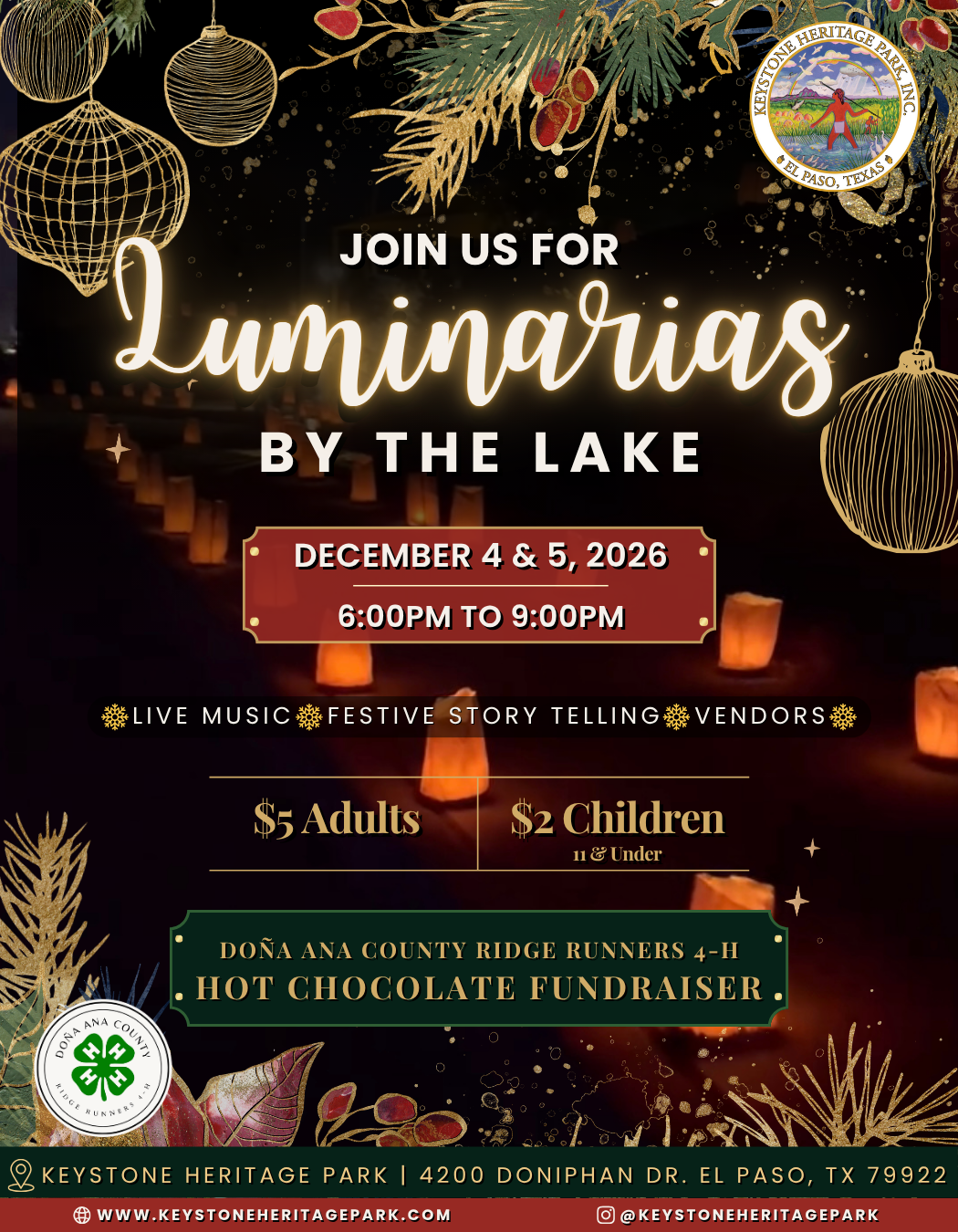 Flyer for Luminarias at Keystone Heritage Park, December 4 and 5, 2026, 6 to 9 PM. Garden paths glow with luminarias. $5 adults, $2 children 12 and under. 4200 Doniphan Dr, El Paso.